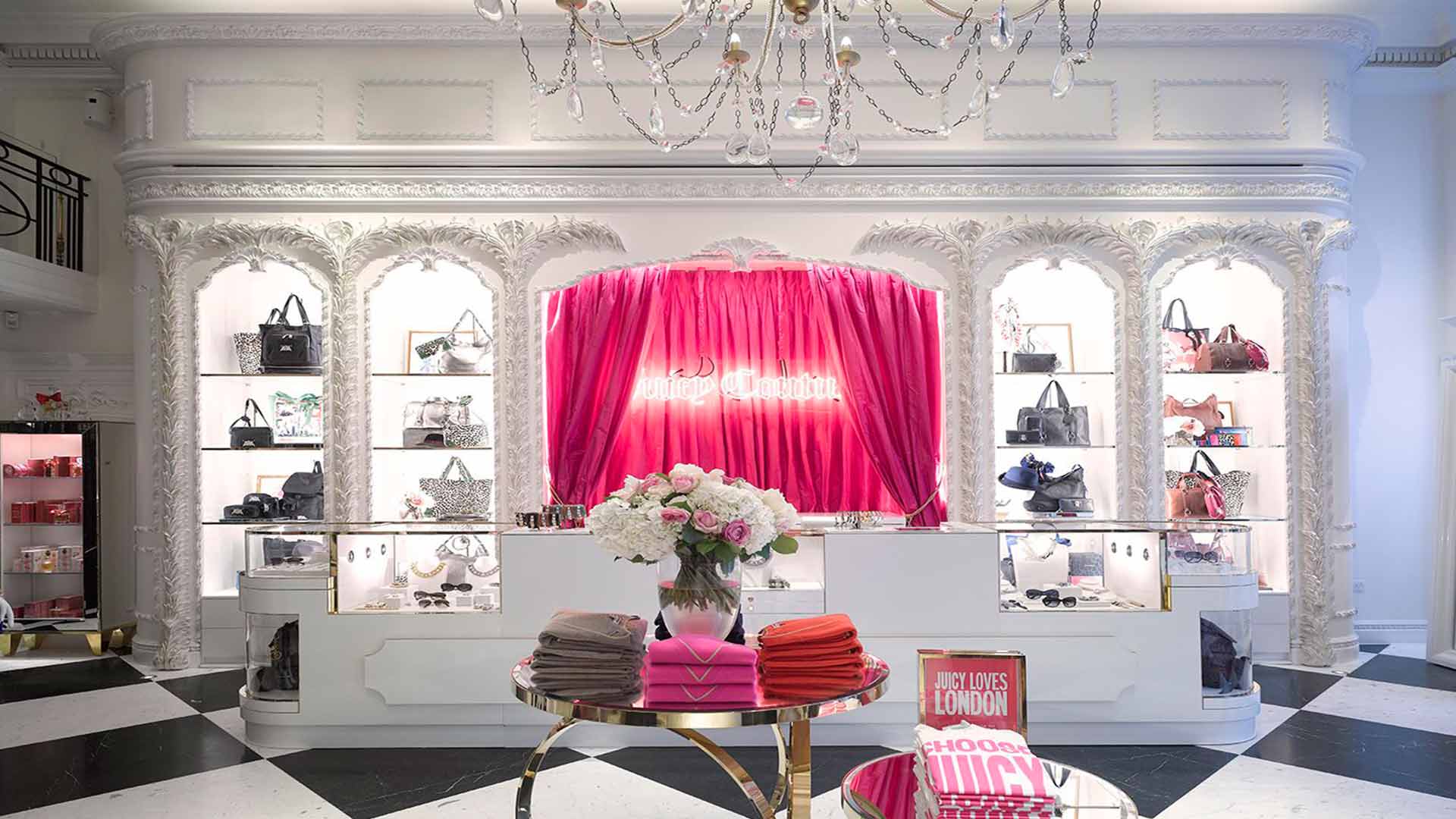 Lighting Design Luxury Shop Counter Pink Taffeta Curtain Neon Sign Product Shelving Nulty