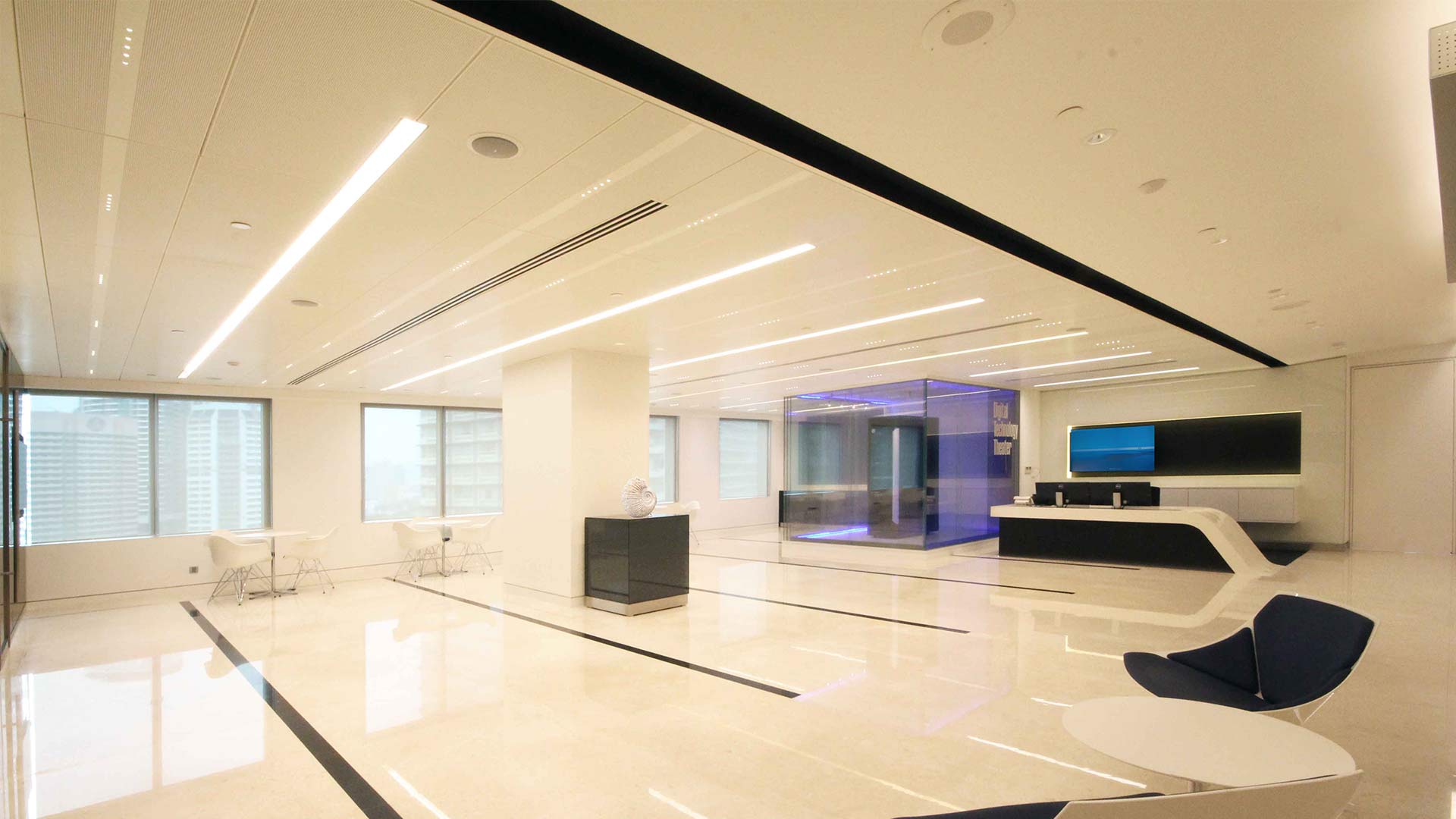 Reception Office White Architectural Lighting Design Sustainable Nulty