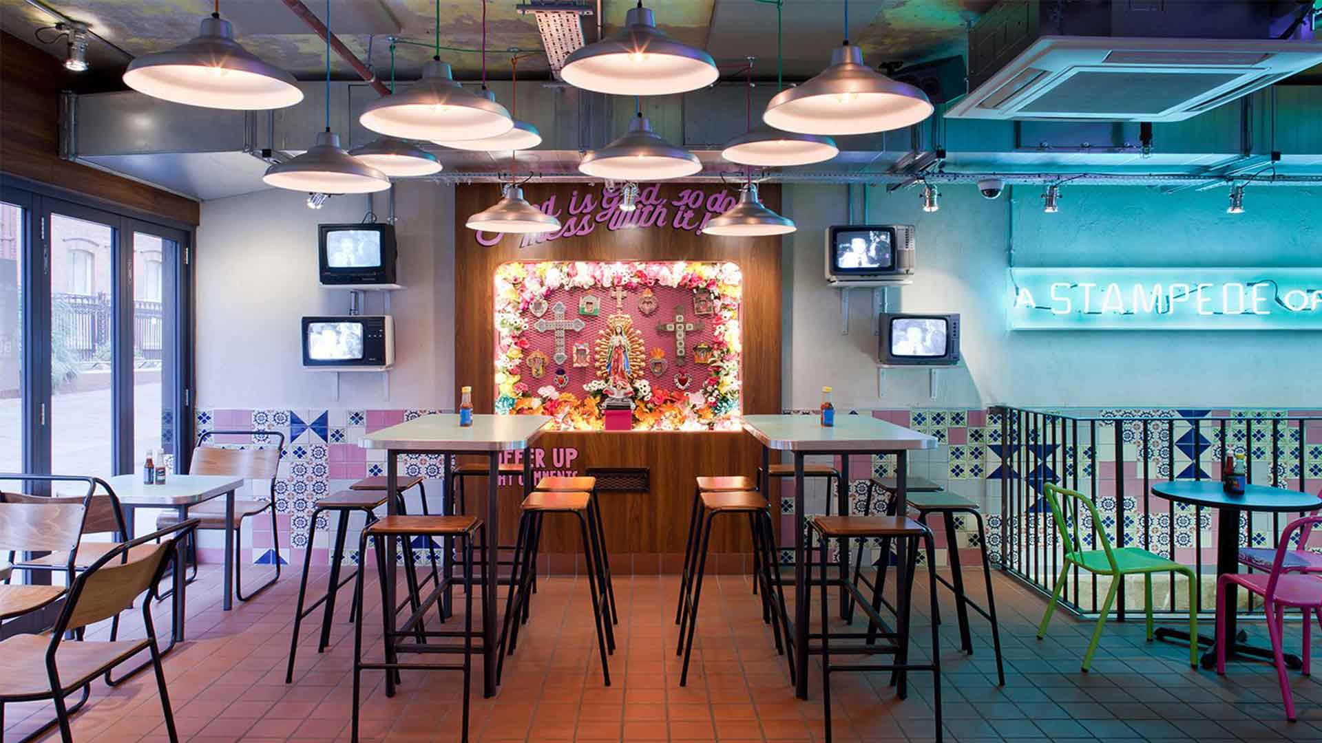 Funky Restaurant Space Tables Feature Pendants Wall Detail Old TVs Lighting Nulty