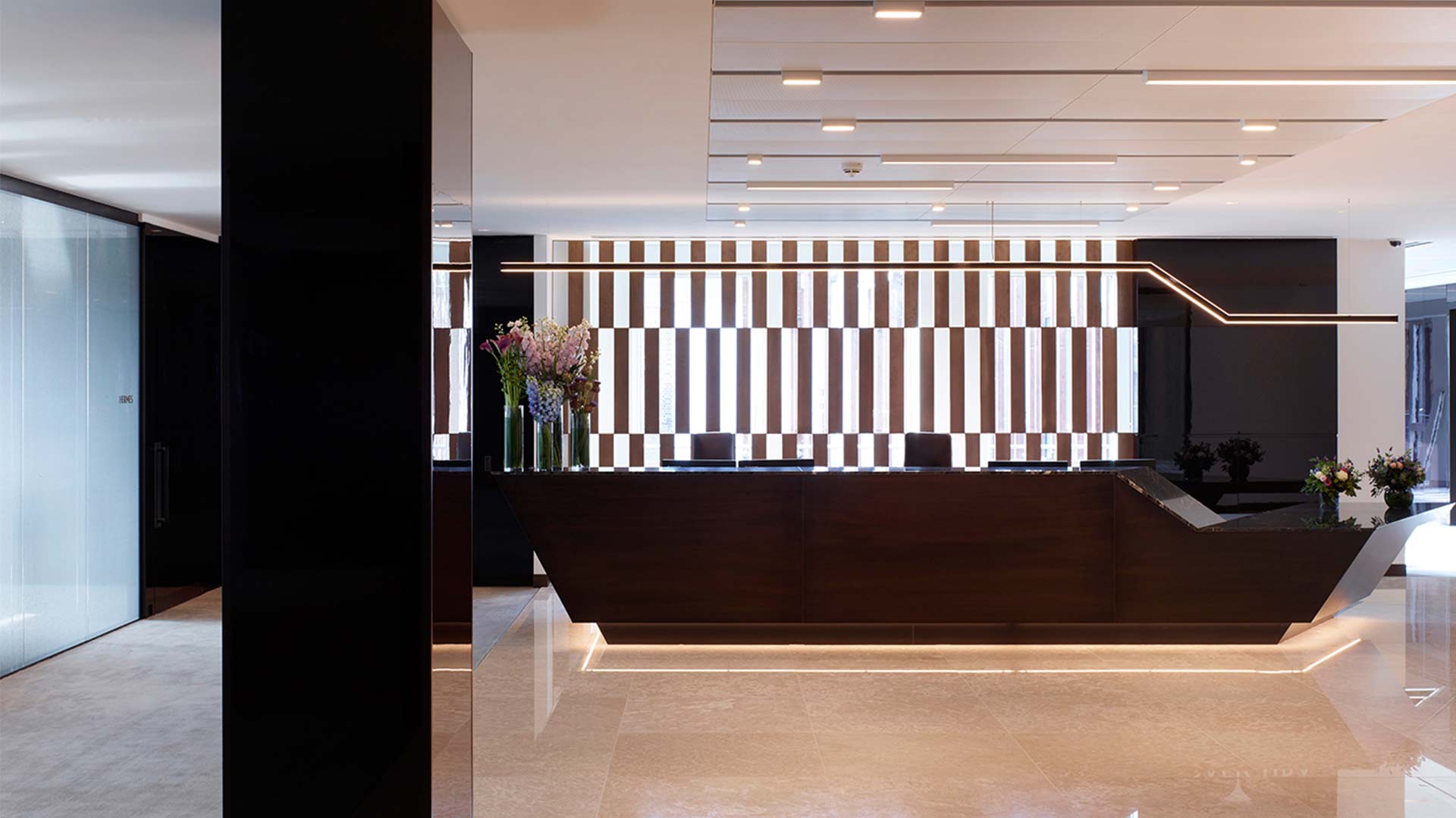 Lighting Design Bespoke Linear Pendant Streamlined Reception Desk Workplace Office Nulty