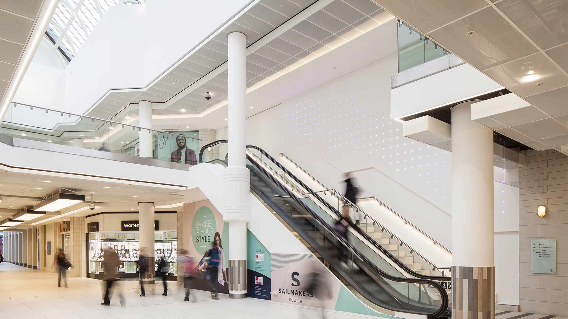 Shopping Centre Refurbishment Airy Space Escalator Lighting Scheme Nulty