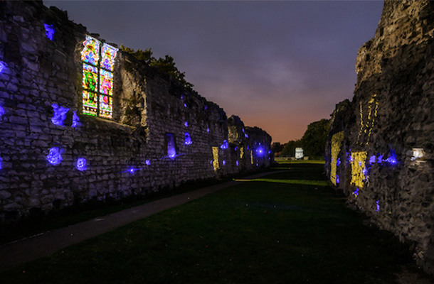Projected Stained Glass Window Blue Lighting Stone Recesses Historical Priory Nulty