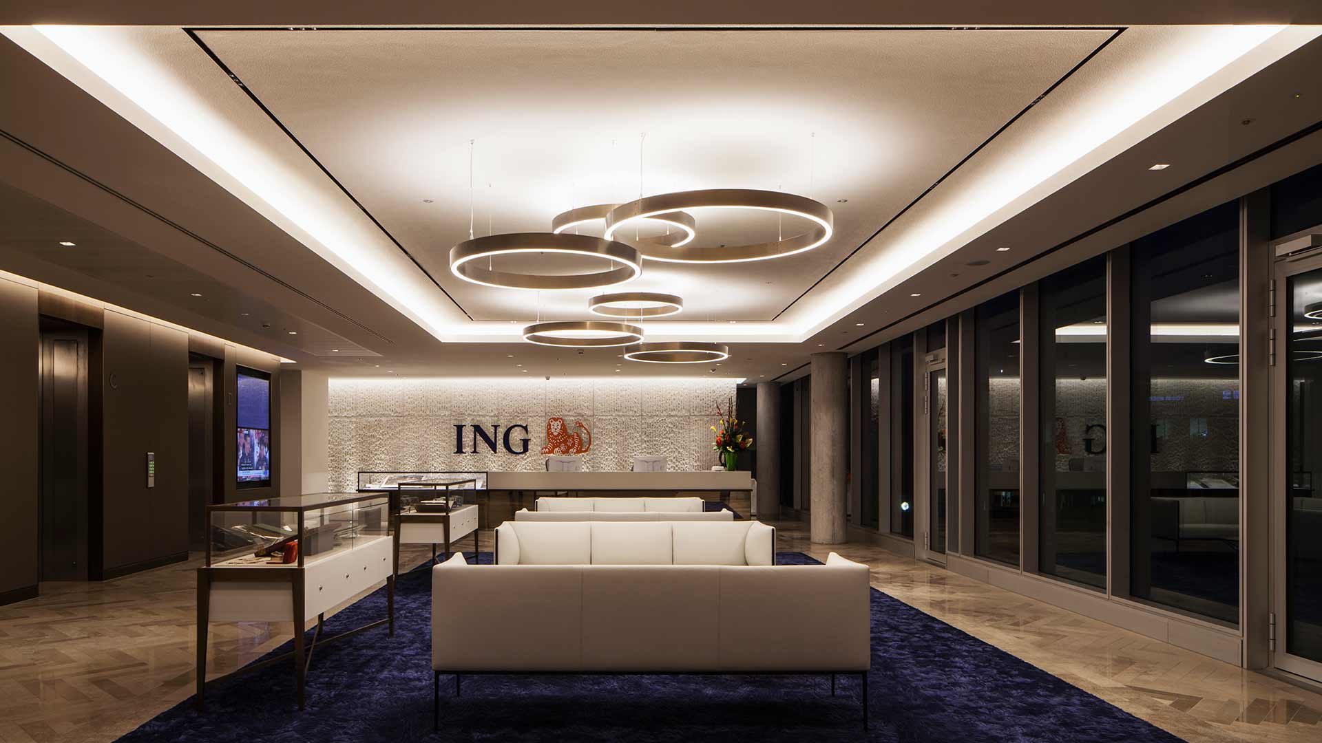 Reception Area Suspended Luminaire Interconnected Rings Lighting Design Nulty
