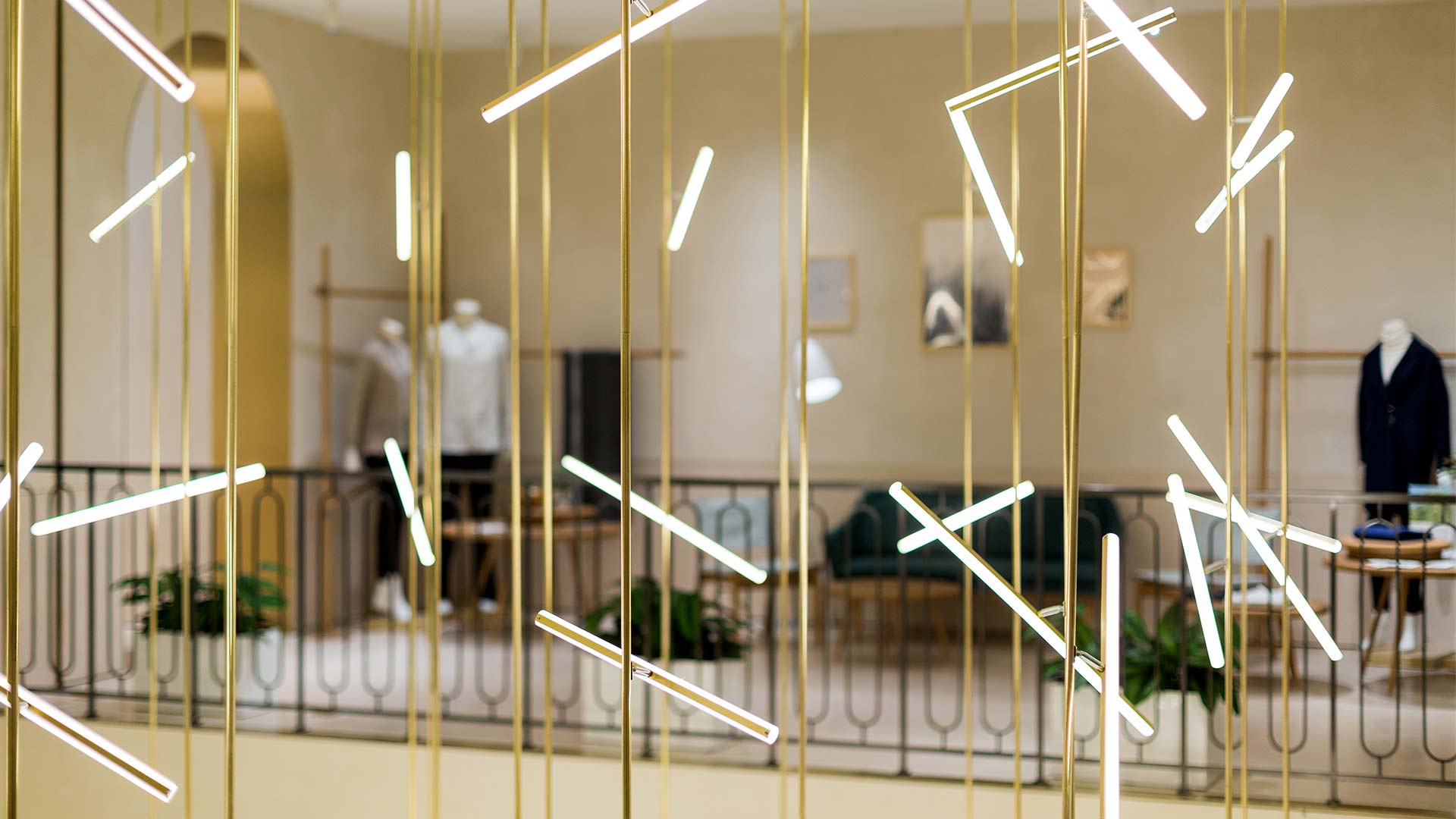 Suspended Lines Light Installation Atrium Showpiece Luxury Retail Store China Consultants Nulty