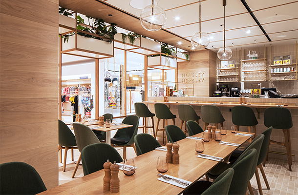 Nulty - Hemsley + Hemsley Cafe, Selfridges London - Light Airy Natural Interior Illumination Scheme Retail Environment Retail Theatre Restaurant Lighting Pendants Plants Airy Natural Illumination Nulty