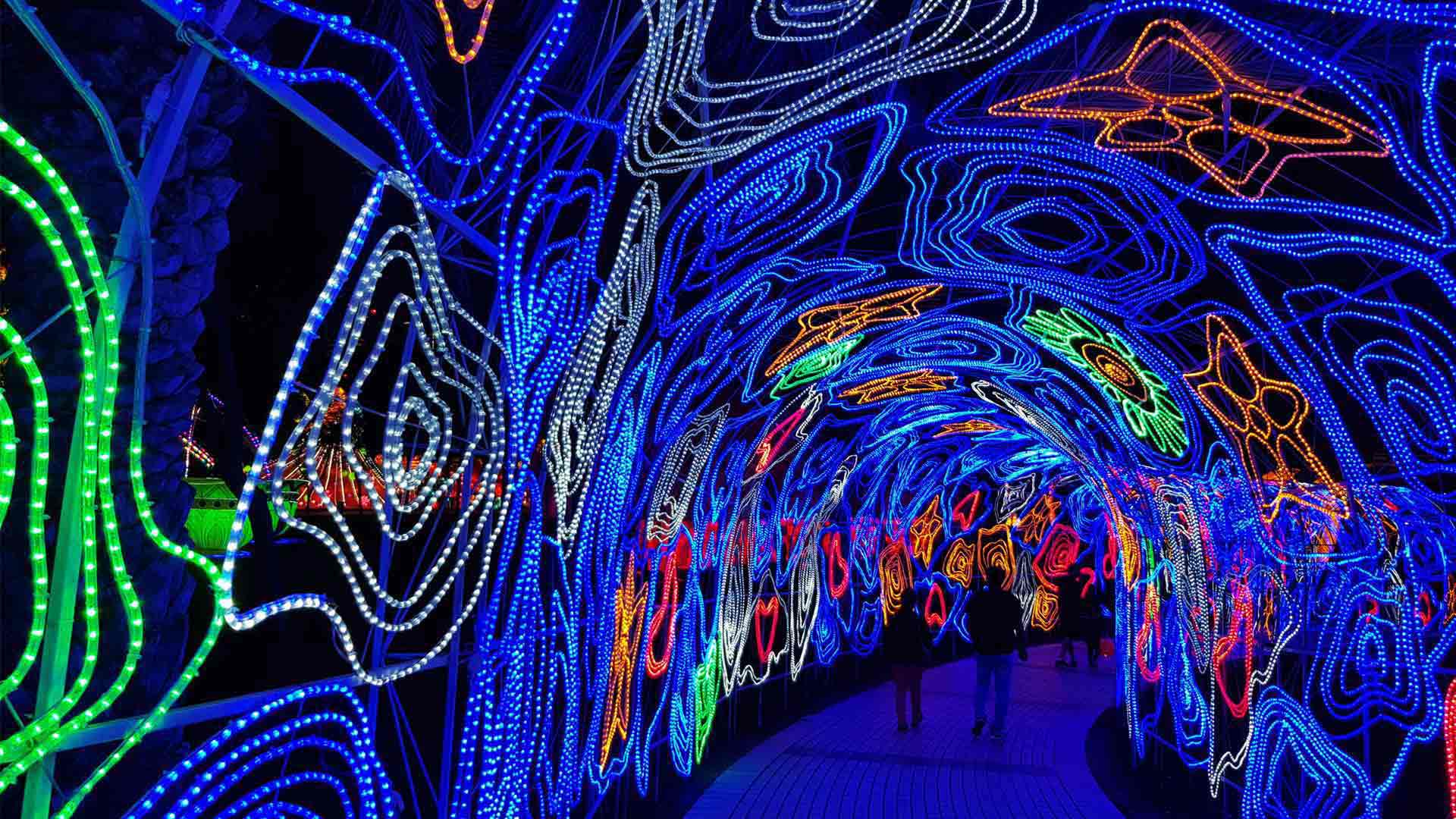 Dubai Garden Glow Light Tunnel Installation Colour Experience