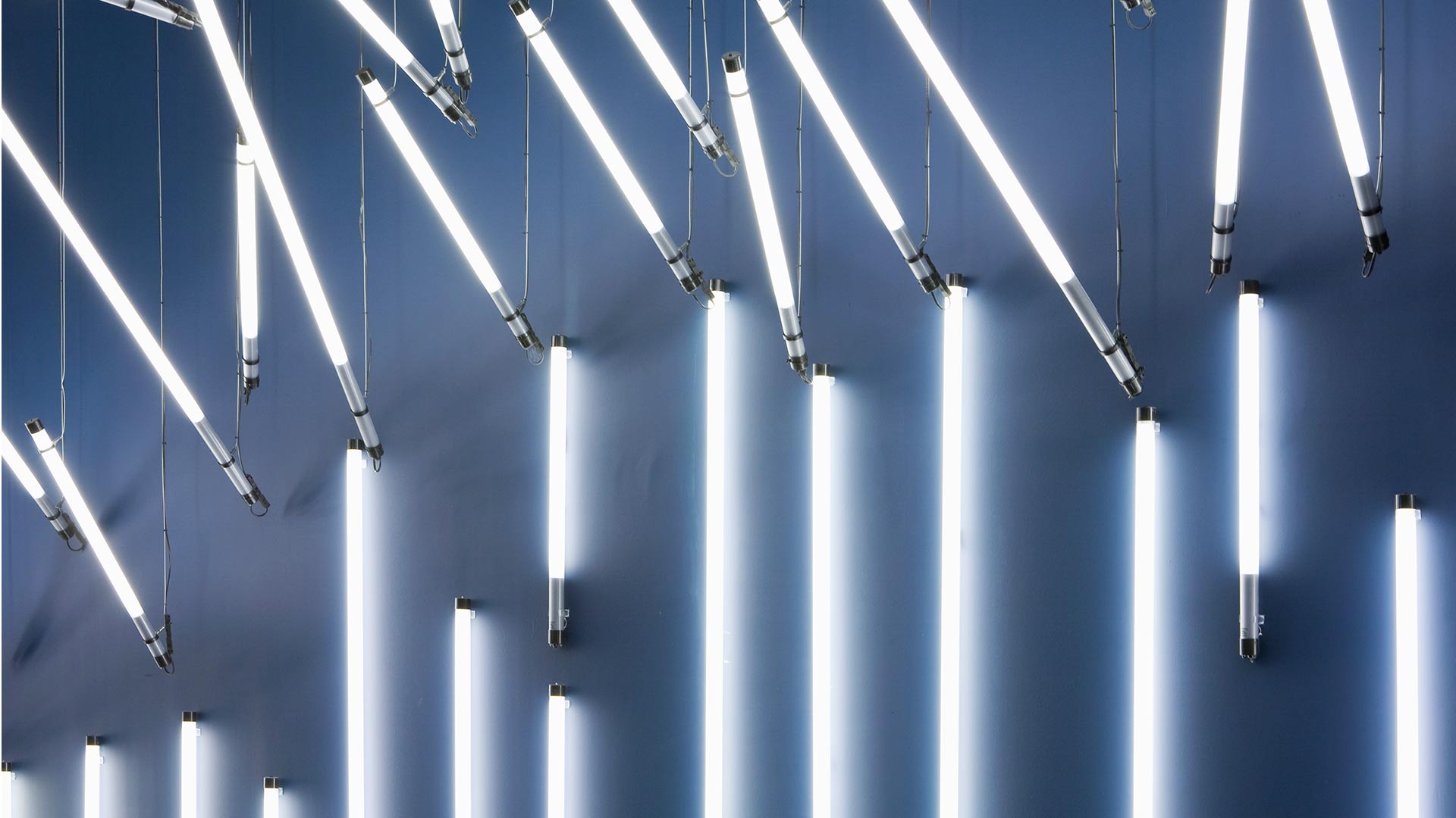 Fluorescent Illuminated Batons Blue Wall Light Installation Retail Store Nulty