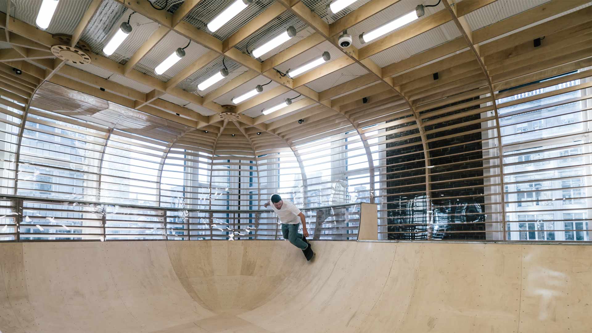 Ceiling Baton Luminaires Slatted Wooden Skateboarding Bowl Selfridges Designer Street Room Lighting Design Nulty