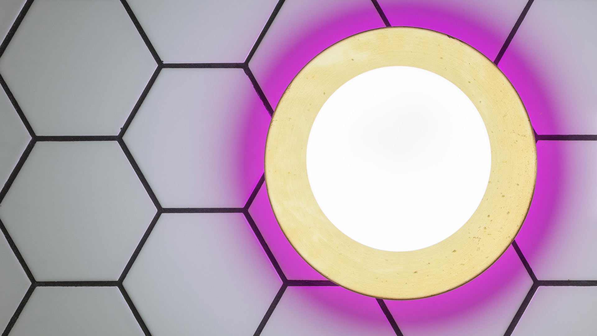 Bathroom Lighting Globe Wall Light Brass Plate Magenta Halo White Hexagonal Tiles Boutique Hotel London Nulty