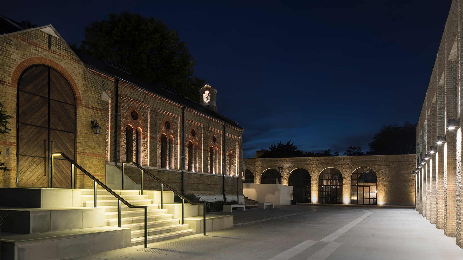 Exterior Lighting Historic Chapel Bell Tower Steps Handrails Facade Illumination Chelsea Barracks London Design Consultants Nulty