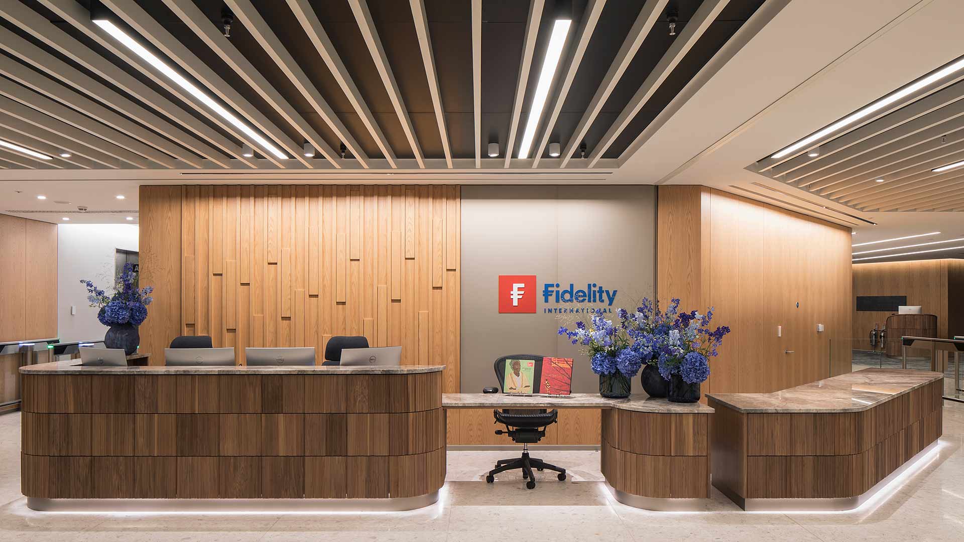 Lighting Design Scheme Office Bespoke Reception Desk Timber Wall Backdrop Linear Ceiling Illumination Nulty