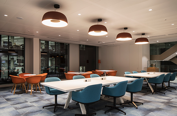 Nulty - Fidelity International, Cannon Street, London - Workplace Lighting Design Breakout Area Tables Chairs Marset Decorative Pendants Architectural Lighting Design Office Meeting Room Integrated Ceiling Rectangular Light Frame Consultants Nulty