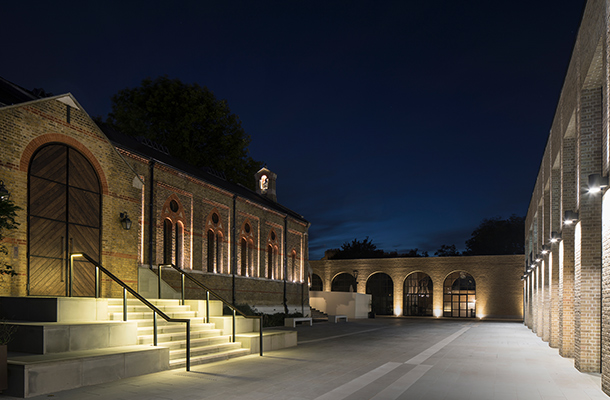 Exterior Lighting Historic Chapel Bell Tower Steps Handrails Facade Illumination Chelsea Barracks London Design Consultants Nulty