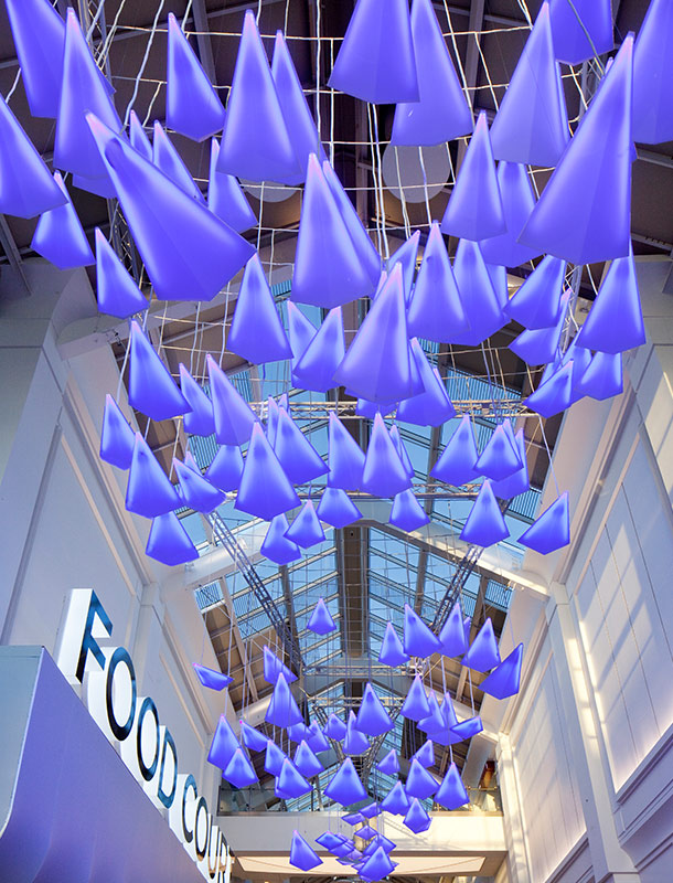 Nulty - County Mall Atrium Lighting Installation Blue Illuminated Flying Birds Shopping Centre UK Designers Nulty