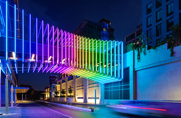 Nulty - DIFC Gate Village Illuminated Colour Changing Bridge Walkway Dynamic Light Installation DIFC Gate Village Consultants Nulty