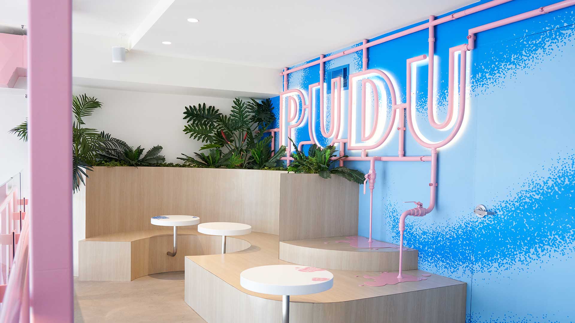 Lighting Design Scheme Pudu Pudu Pudding Store Seating Illuminated Brand Signage Venice California Consultants Nulty