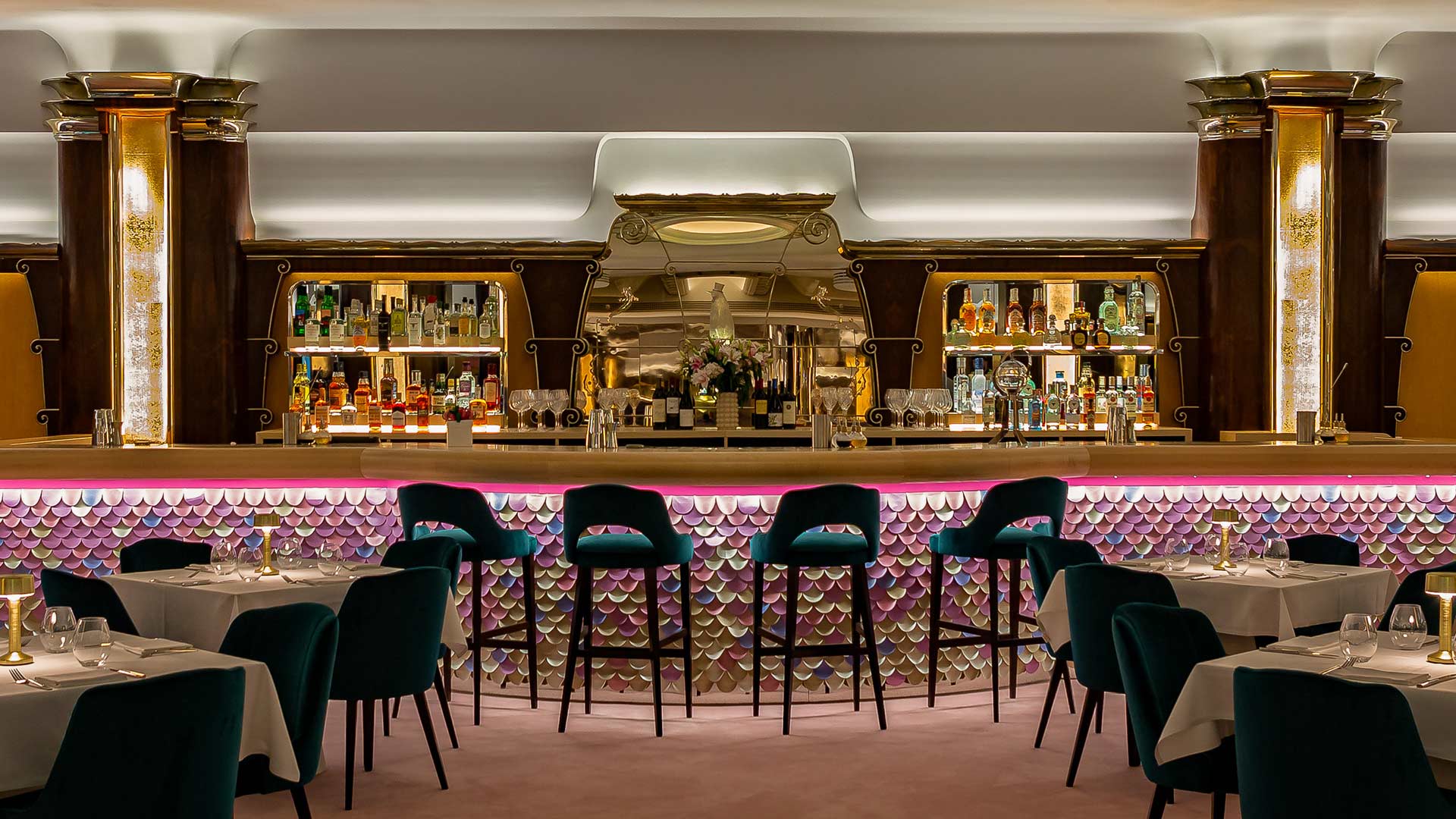 Architectural Lighting Design Art Deco Style Interior Restaurant Bar Counter Illuminated Feature Pink Scalloped Counter Illuminated Pillars Park Row London Consultants Nulty
