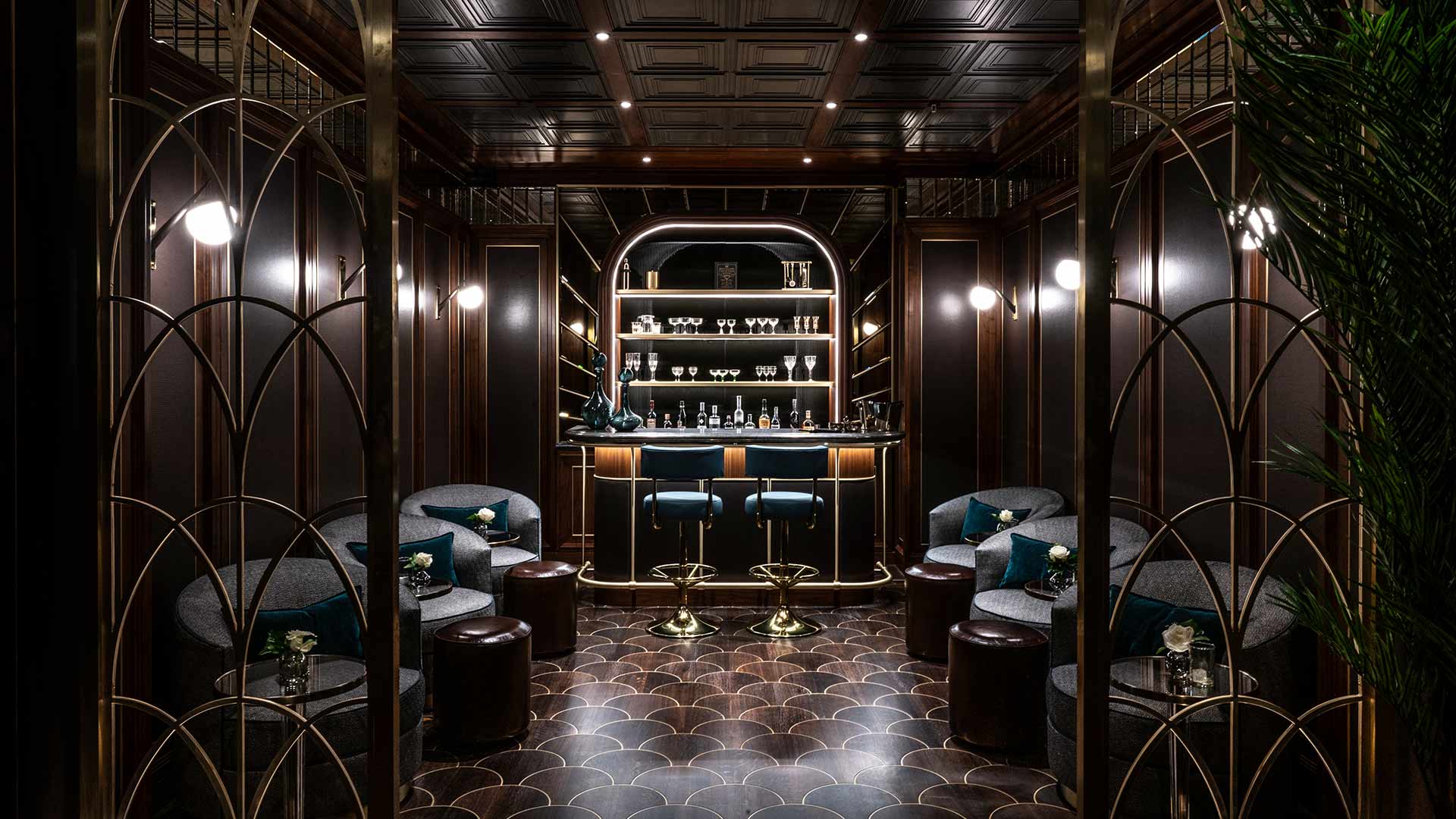 Lighting Design Scheme Speakeasy Bar Dark Elegant Interior Wood Panelling Illuminated Counter Wall Lights Consultants Nulty