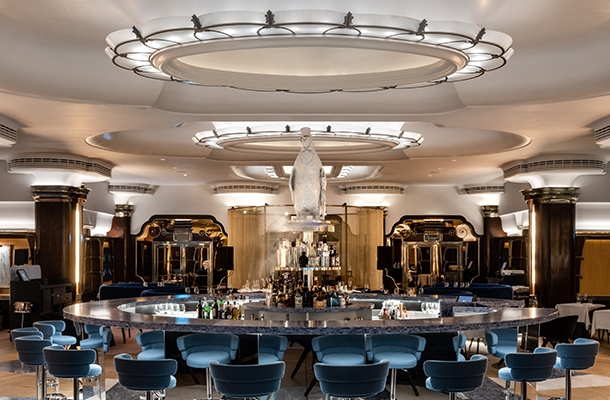 Architectural Lighting Design Grand Historic Art Deco Dining Space Large Circular Bar Penguin Feature Original Scalloped Ceiling Luminaires Illuminated Pillars Nulty