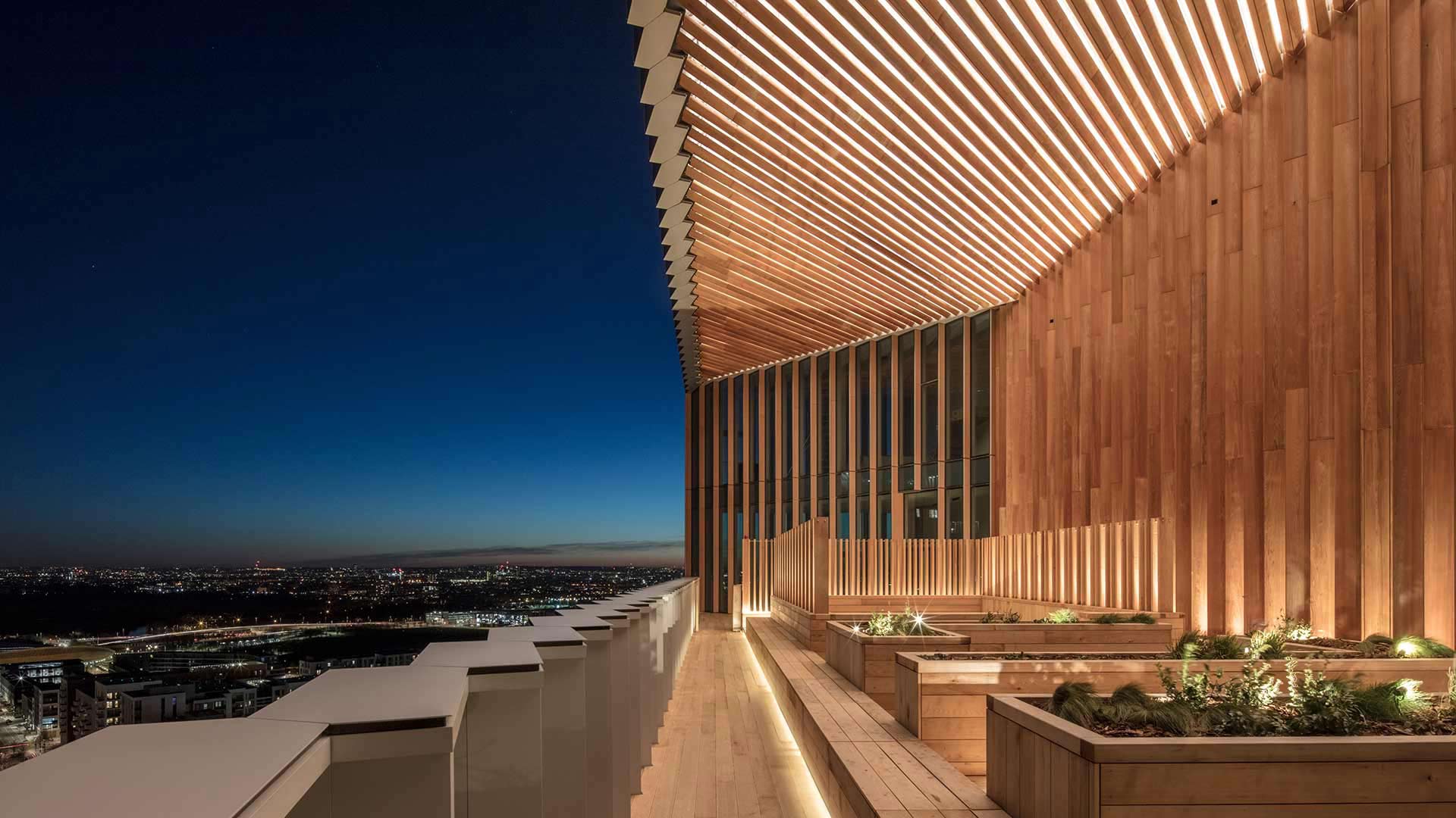 Architectural Lighting Design Sky Garden Timber Clad Terrace Cantilever Architecture Manhattan Loft Gardens Consultants Nulty