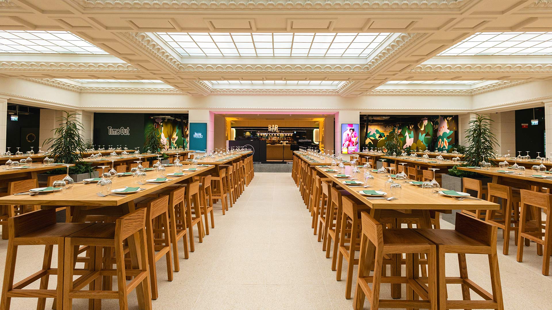 Time Out Market Budapest main hall dining area vast skylights integrated within ornate ceiling lighting designers Nulty